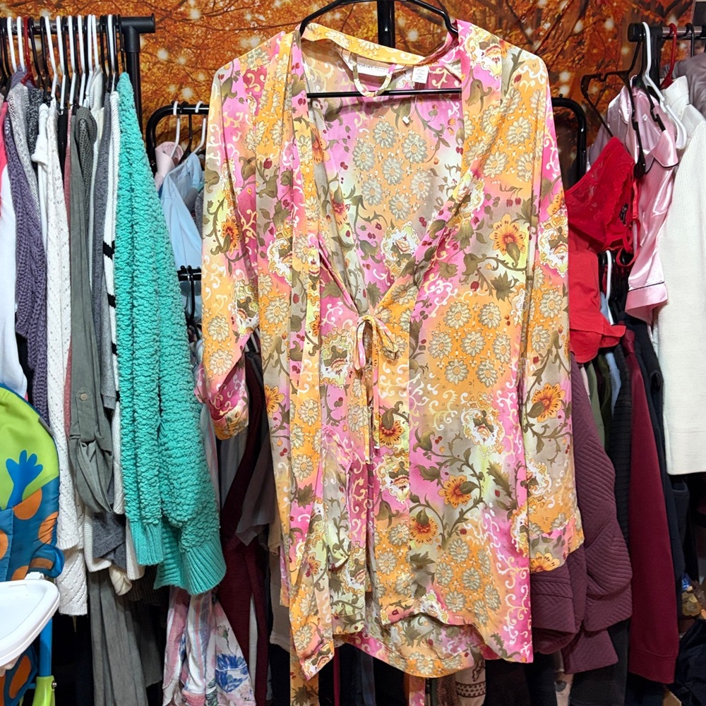 Victoria’s Secret Sheer Floral Kimono Robe Pink Yellow Pastel - Picture 3 of 4
